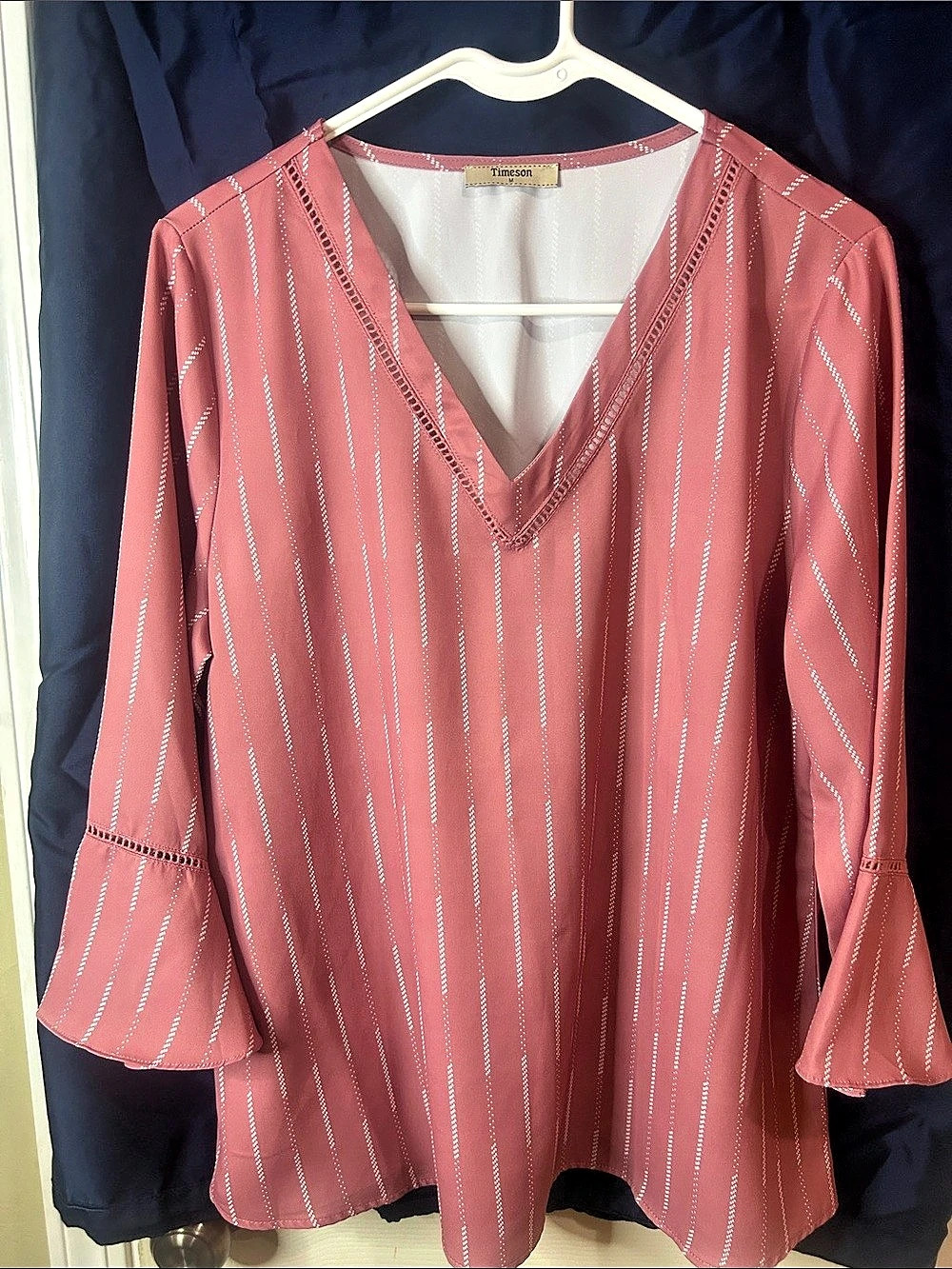 Maurices Striped V-Neck Blouse in Pink Like New